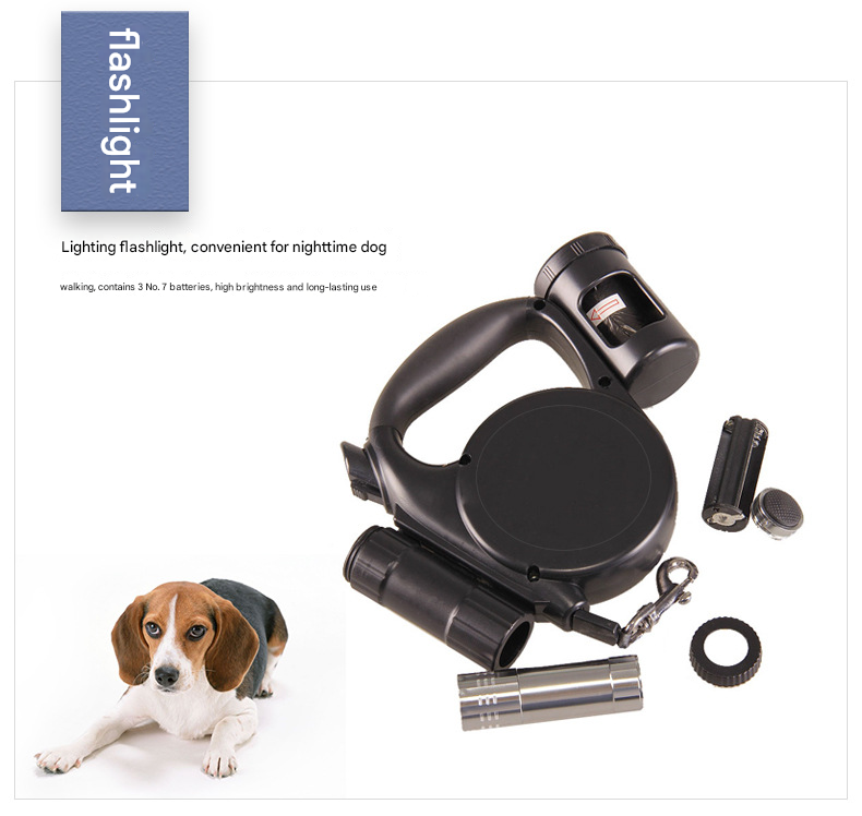 Yellow 3-in-1 Retractable Dog Leash with LED Flashlight & Poop Bag Dispenser | Heavy Duty Tangle-Free Leash for Safe Night Walks