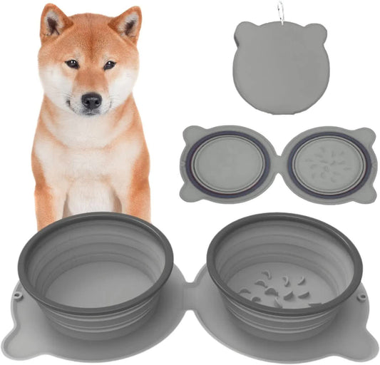 Grey Portable Collapsible Pet Bowl Set - Food-Grade Silicone Double Bowl for Dogs