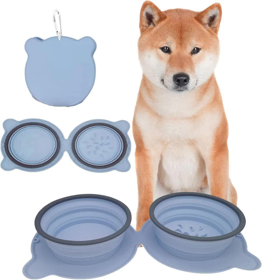 Dark Blue Portable Collapsible Pet Bowl Set - Food-Grade Silicone Double Bowl for Dogs