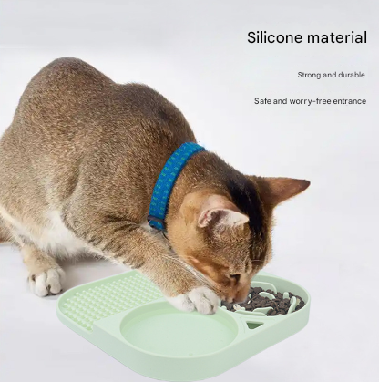 2 Pcs Blue 3-in-1 Silicone Pet Slow Feeder & Lick Mat with Water Bowl - Non-Slip Design for Cats