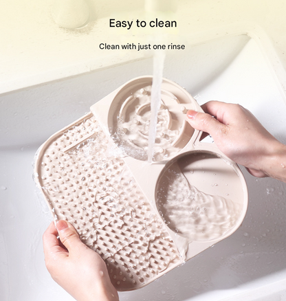 2 Pcs Blue 3-in-1 Silicone Pet Slow Feeder & Lick Mat with Water Bowl - Non-Slip Design for Cats