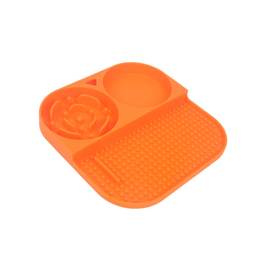 2 Pcs Orange 3-in-1 Silicone Pet Slow Feeder & Lick Mat with Water Bowl - Non-Slip Design for Cats