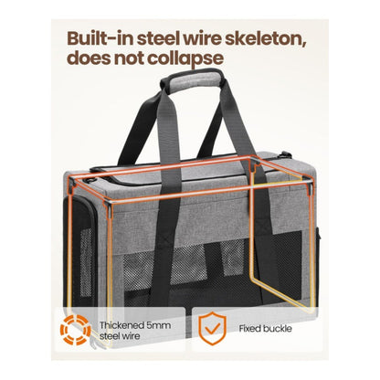 Sturdy & Breathable Pet Carrier for Small Cats & Dogs - Collapsible Travel Bag with Steel Frame, Safety Locks & Sunshade(Grey)