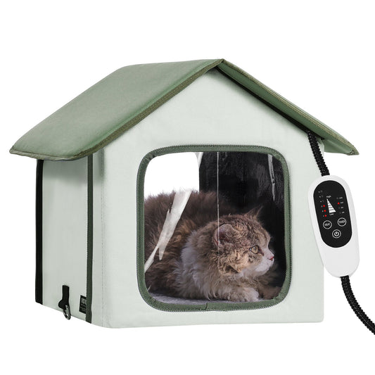 VEVOR Elevated Heated Cat House, Outdoor Kitty Shelter with Timer, 600D Oxford Cloth Foldable Cat Shelter with Heated Pad for Winter to Stay Warm and Cozy, Green (Small)