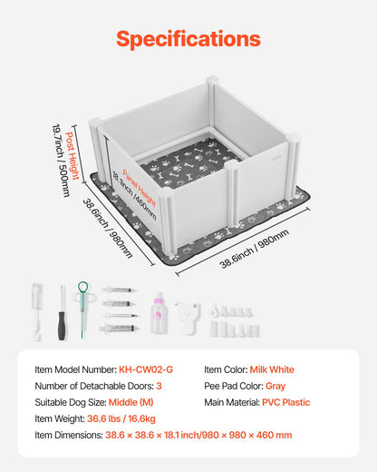 VEVOR Dogs Whelping Box, 980 x 980 x 460 mm, Plastic PVC Puppies Playpen with Height Adjustable Door and Washable Pee Pad, Anti-Deformation Indoor Puppy Play Pen for Medium Breed Dogs, Milk White